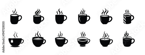 coffee and tea cup silhouette icon featuring hot beverage mug steaming espresso, herbal tea bag latte breakfast drink more vector illustration or editable stroke.