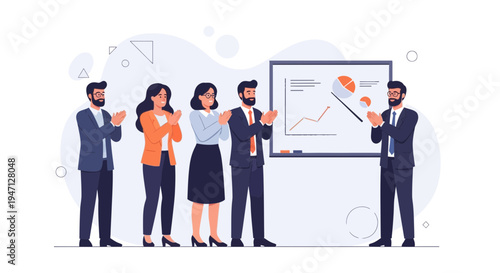Business team applauding successful presentation with charts on whiteboard