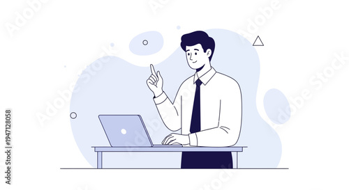 Man in Business Attire Working on Laptop, Pointing Finger Up, Idea Concept