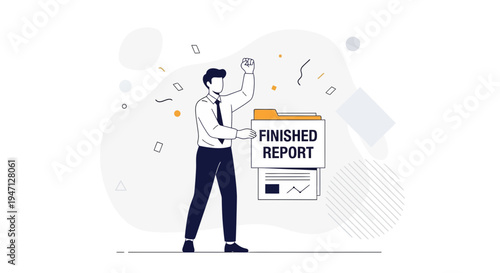 Successful businessman celebrating finished report with confetti and abstract background