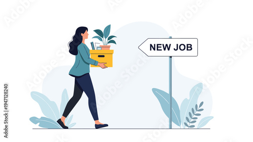 Professional woman carrying a box of office supplies while walking towards a sign for a new job opportunity in a modern flat style.