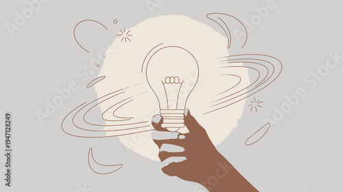 A hand gently holds a glowing lightbulb surrounded by sketched planetary orbits and celestial elements symbolizing innovation high quality professional detailed modern elegant stylish clean crisp