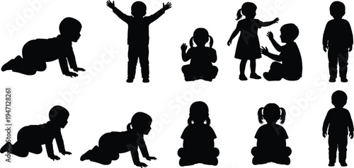 Collection of baby and toddler silhouettes, crawling infants, playing children, and kids sitting or standing isolated on a white background