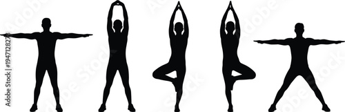 Yoga silhouette set with man practicing various poses, tree pose, stretching and balance exercises isolated on white background for fitness