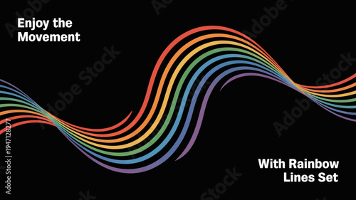 A vibrant composition features flowing colorful lines against a black background paired with text promoting joyful movement and rainbow aesthetics high quality professional detailed modern elegant