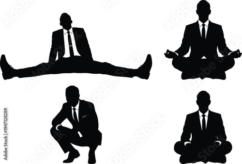 Businessman silhouette set doing yoga meditation and leg splits, flexible corporate employee icons for work life balance isolated on white