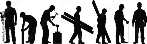 Collection of construction worker silhouettes with tools, builders carrying lumber, engineers and laborers in hard hats isolated on white background