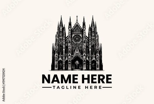 A black and white illustration of a Gothic cathedral with a clock tower, featuring a placeholder name and tagline in bold text on a clean white background.