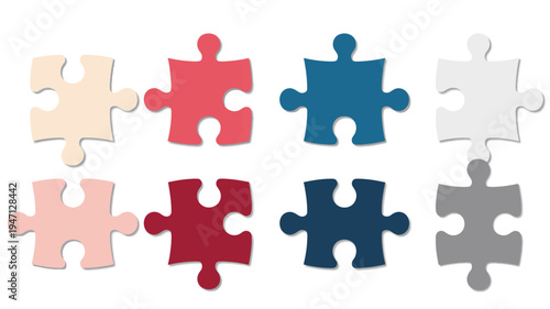 An arrangement of eight jigsaw puzzle pieces in varying shades of red blue pink and gray are displayed on a white background high quality professional detailed