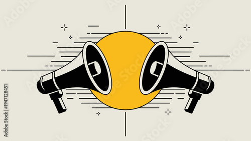 An illustration depicts two black megaphones facing each other broadcasting towards a central golden yellow circle with decorative lines high quality professional detailed modern elegant stylish