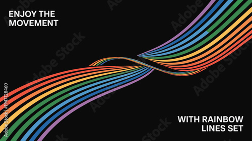 A dynamic colorful design features swirling rainbow colored lines against a stark black background complemented by text reading enjoy the movement high quality professional detailed modern