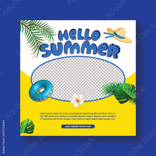 summer sale social media post template, tropical pool and beach party flyer, vacation promotional advertisement design, seasonal summer elements, holiday marketing, web banner