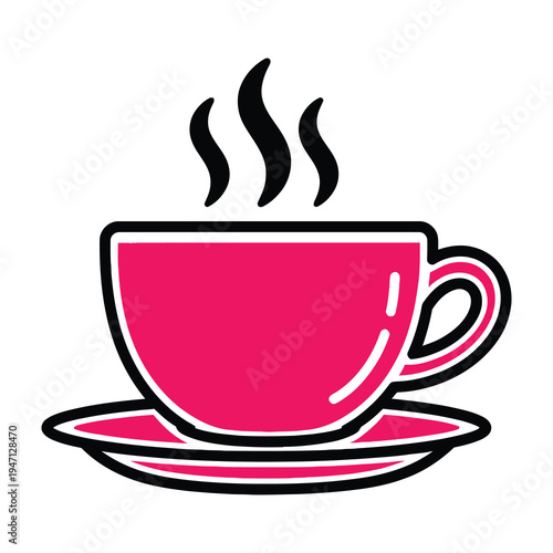 Hot pink tea cup on saucer with steam