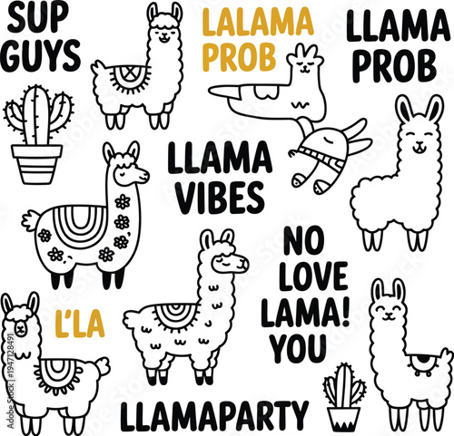 Collection of Black and White Llama Illustrations with Text and Cacti alpaca animal