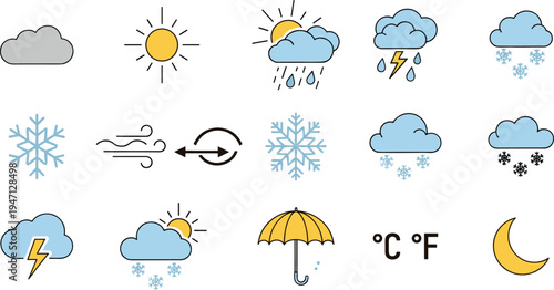 Weather icon set with sun, clouds, rain, snow, thunder, and temperature symbols, colorful meteorology flat line icons isolated on white