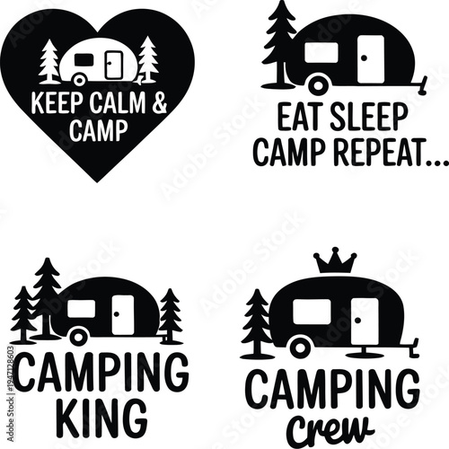 Four Black Silhouette Camping t shirt Text and Heart Shape caravan camper, camping t shirt design