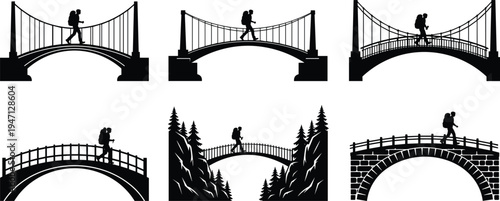Set of hiker silhouettes crossing various bridges, outdoor adventure icons, mountain trekking and suspension bridge collection isolated on white background