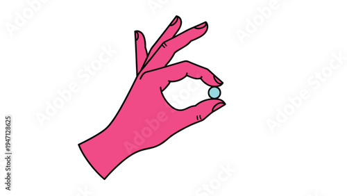Minimalist illustration of a bright pink human hand delicately holding a small light blue medicinal pill against a white background.