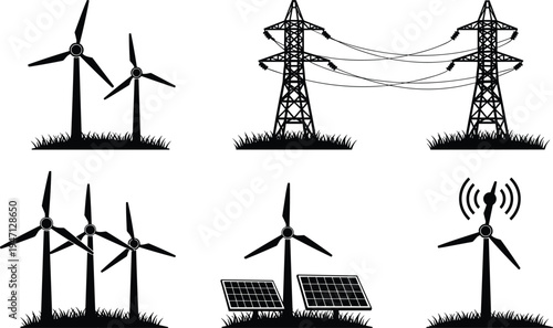 Renewable energy icon set with wind turbines, solar panels, power lines, and electricity pylons silhouettes isolated on white background, sustainable power