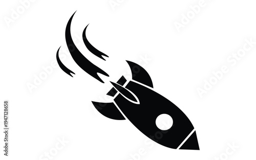 Simple black and white silhouette of a rocket accelerating upwards fast