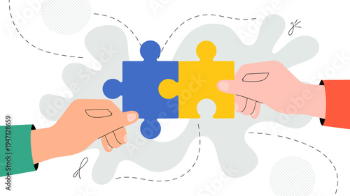 Two hands are connecting blue and yellow puzzle pieces against a light gray dotted background symbolizing collaboration and problem solving high quality professional detailed modern elegant