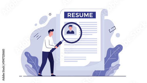 Male recruiter using a large magnifying glass to carefully inspect a resume document for a job application in a flat illustration.