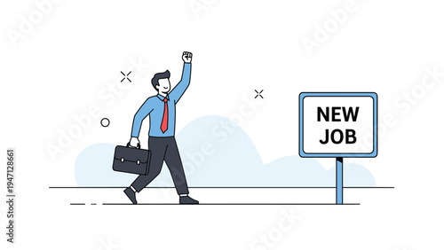 Successful businessman carrying a briefcase and celebrating while walking towards a sign indicating his transition to a new job.