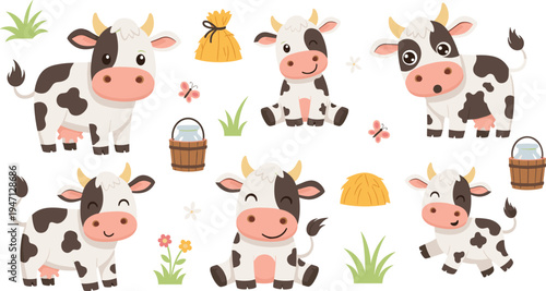 Cute cartoon cow characters collection with farm elements hay bucket grass and flowers adorable dairy animal mascots for kids vector illustration set
