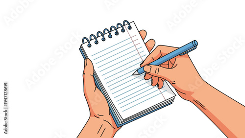 Close up view of human hands holding a blue pen and writing important notes in a spiral bound paper notebook over a plain white background.