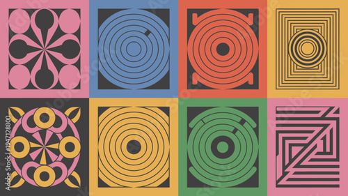 A vibrant grid of eight square panels displays abstract circular and linear patterns in distinct color schemes high quality professional detailed modern elegant stylish clean crisp