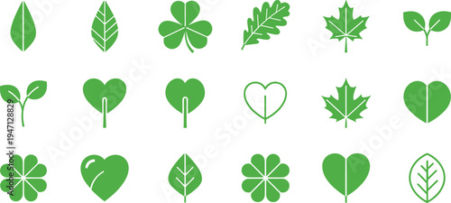 Green leaf icon set featuring clover maple oak and heart shapes for eco friendly branding nature conservation and sustainable organic products