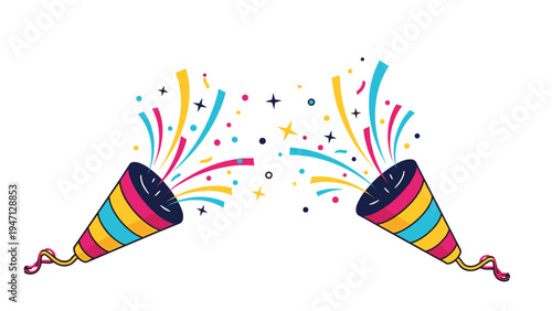 Two colorful party poppers exploding with bright confetti and streamers to celebrate a joyful occasion such as a birthday or holiday event.