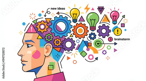 Creative brainstorm concept with human head profile, colorful gears and lightbulbs