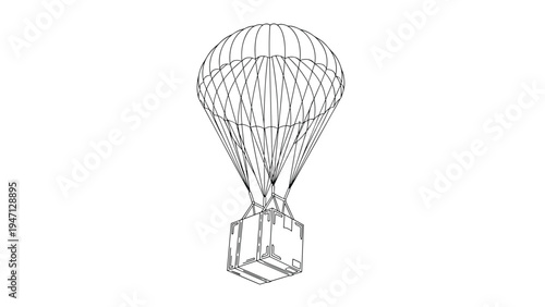 Minimalist outline illustration of a heavy cargo box being delivered safely from the sky using a large round parachute for rapid transport.