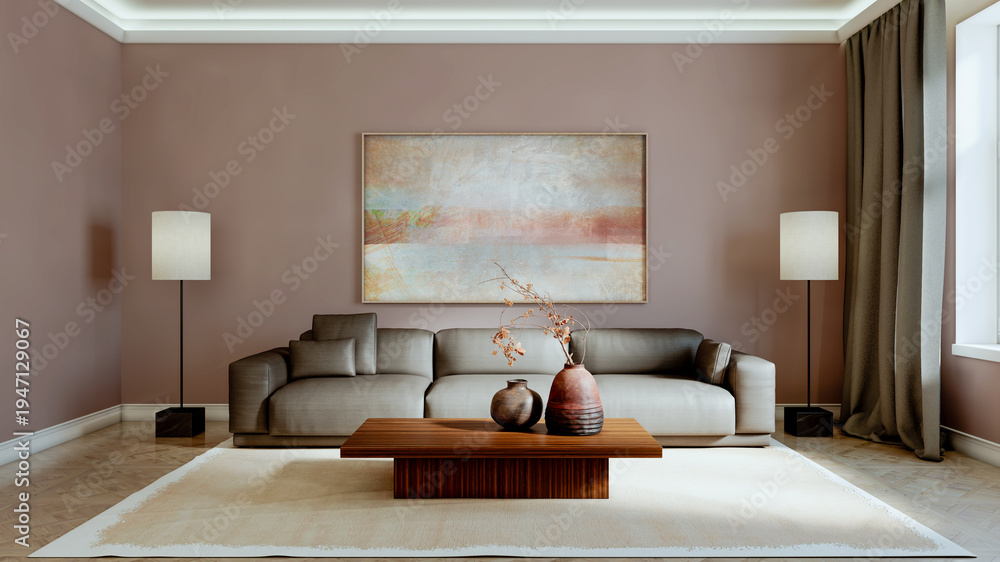 Naklejka premium Large luxury modern bright interiors Living room mockup illustration 3D rendering Generated Color Image