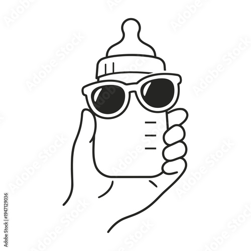 Baby bottle wearing sunglasses held by hand vector line art illustration for cool infant lifestyle concept outline design