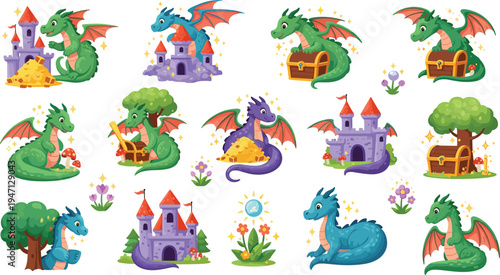 Cute fantasy dragon collection with treasure chest castle trees flowers and magical elements colorful cartoon vector illustration set for kids games storybooks stickers and prints