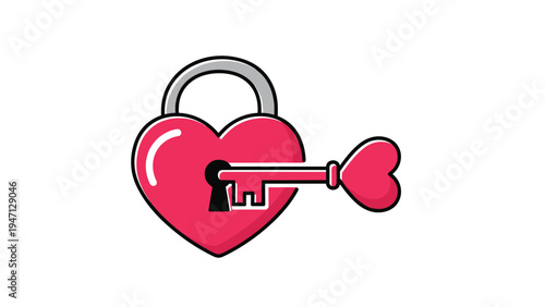 Bright red heart shaped padlock with a matching key inserted into the keyhole symbolizing love protection security and unlocking a romance.