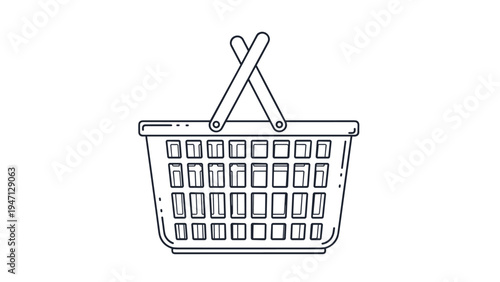Simple black and white line art drawing of a standard plastic shopping basket used for carrying grocery items while walking through a store.