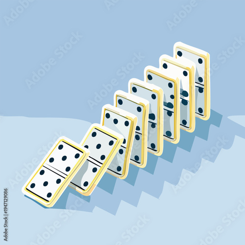 Domino effect illustration falling dominoes on blue background