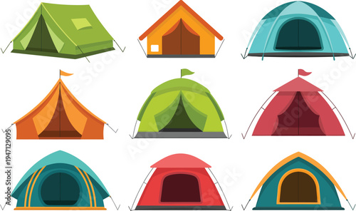 Assortment of colorful camping tents in various shapes and sizes on a white background