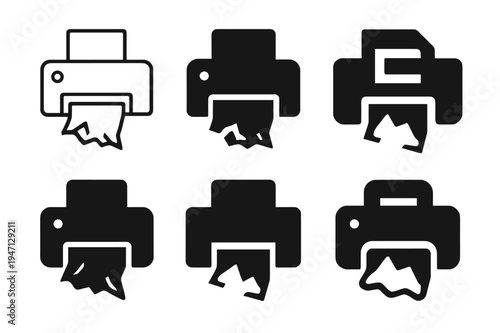 Printer Jam Logos. Fixing printer paper jam. Icon set. Set Logo of Fixing printer paper jam: printer with paper stuck. harmonious logo variations of the same