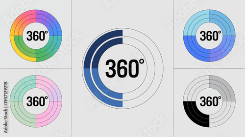 A series of circular diagrams each displaying 360 showcase different color schemes and segmentations for visual representation high quality professional detailed modern elegant stylish clean crisp