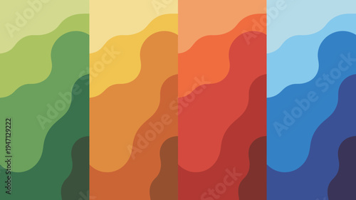 An abstract composition features four vertically arranged panels each displaying flowing organic shapes in varying vibrant colors high quality professional detailed modern elegant stylish clean crisp