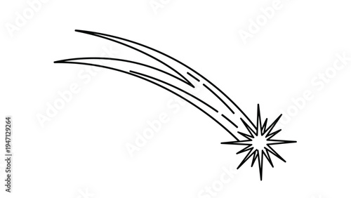 Simple black and white line drawing of a shooting star or comet streaking across the night sky leaving a long glowing trail behind its path.