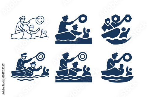 Rescue Icons Collection. Police officers and first responders in action. Icon set. Set Logo of police officers and first responders in action: water rescue