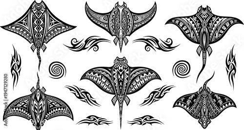 Cuadro en lienzo Tribal Stingray Tattoo Collection with Polynesian Style Patterns, Ornamental Mar