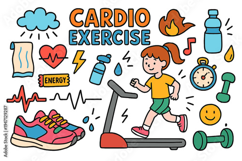 Colorful Cardio Icons. Cardio Exercise. Colorful Hand-drawn doodle Children illustration Cardio Exercise treadmill, sneakers, heart, water bottle, stopwatch,