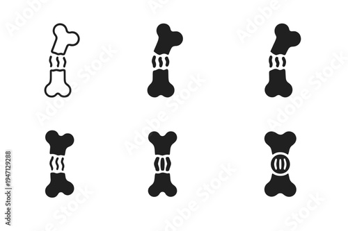 Bone Healing Icons. How bones heal after an injury. Icon set. Set Logo of How bones heal after an injury: broken bone with callus formation. harmonious logo