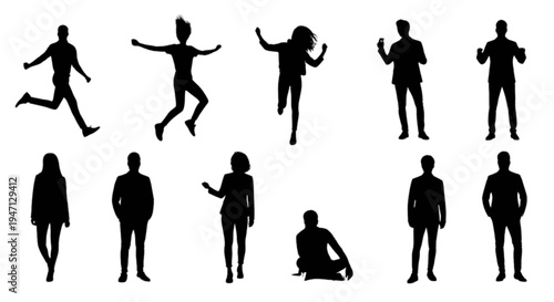 Set of 10 black human silhouettes vector